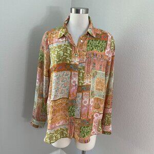 Rose + Olive Womens Large Patchwork Paisley Button Up Blouse Long Sleeve Shirt